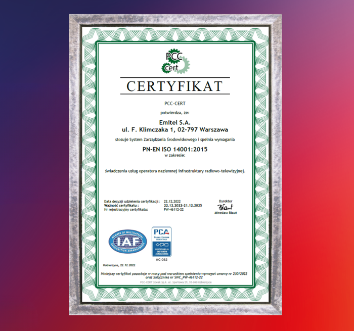 Emitel maintains ISO 14001:2015 certification